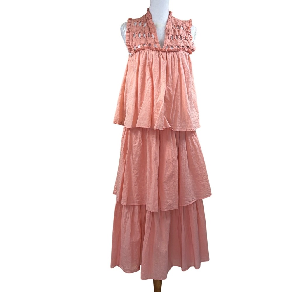 Self Contrast Organic Cotton Tiered Maxi Dress Peach Pink Smocked Lattice XS